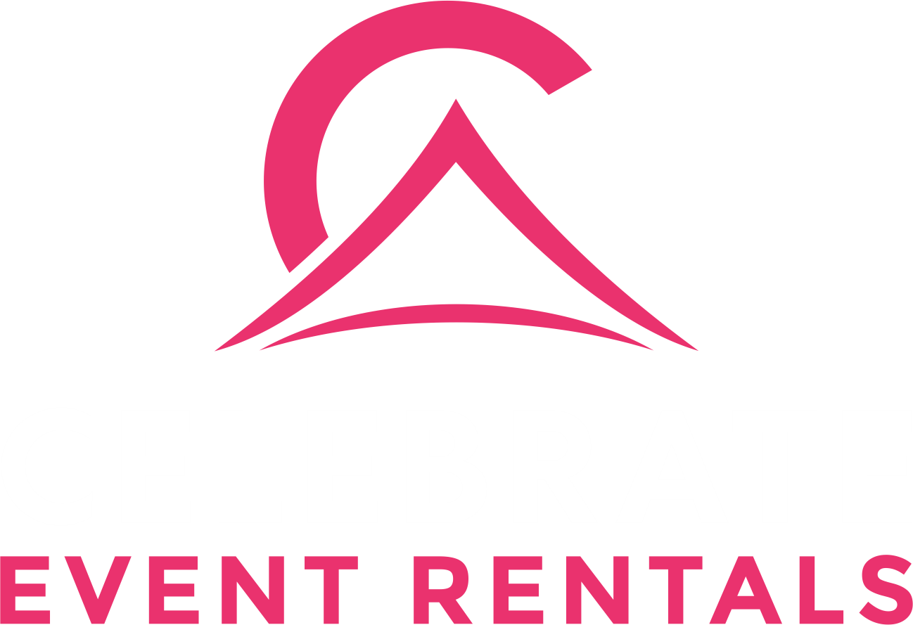 Celebrate Event Rentals stacked logo, white and pink